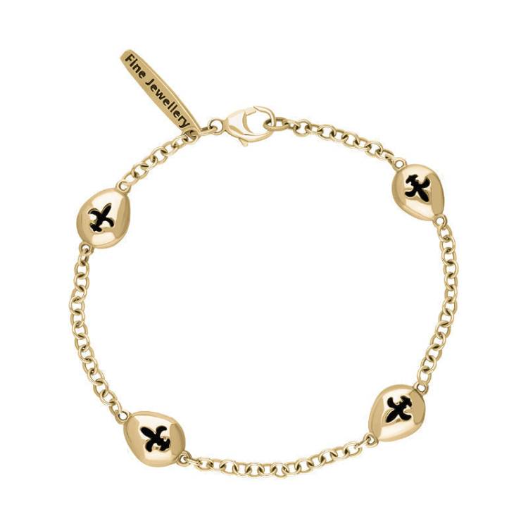18ct Yellow Gold Whitby Jet Oval Fleur De Lis Detail Four Stone Bracelet - Yellow Gold