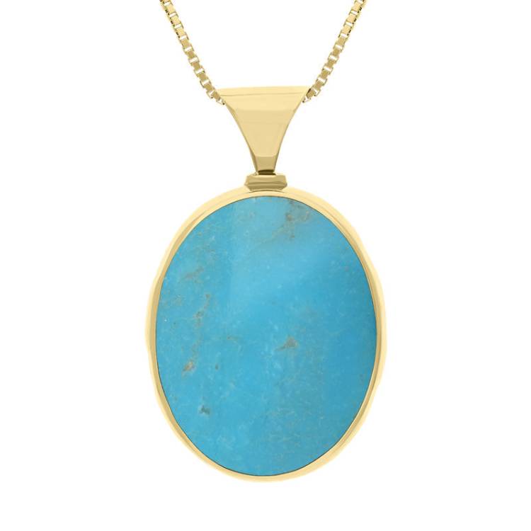 18ct Yellow Gold Whitby Jet Turquoise King's Coronation Hallmark Double Sided Oval Necklace