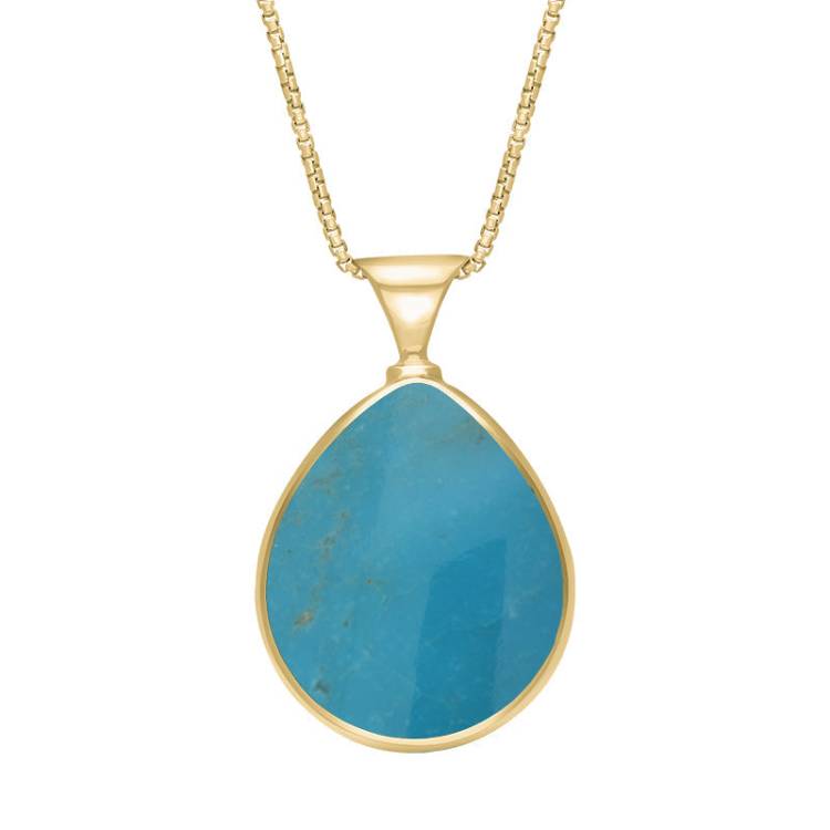 18ct Yellow Gold Whitby Jet Turquoise King's Coronation Hallmark Double Sided Pear-shaped Necklace