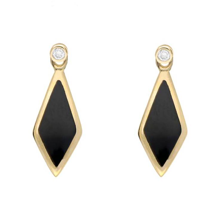 18ct Yellow Gold Whitby Jet and Diamond Dinky Drop Earrings - Yellow Gold