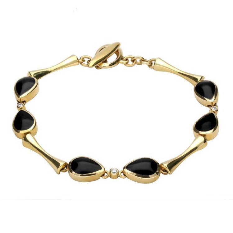 18ct Yellow Gold Whitby Jet and Diamond Six Stone Pear Bracelet - Yellow Gold