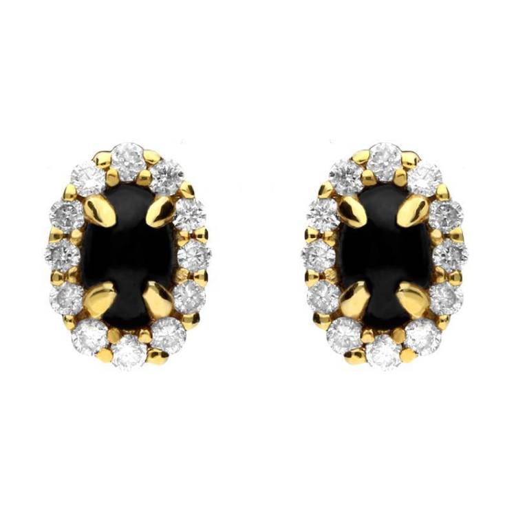 18ct Yellow Gold Whitby Jet 0.23ct Diamond Oval Earrings D - Yellow Gold