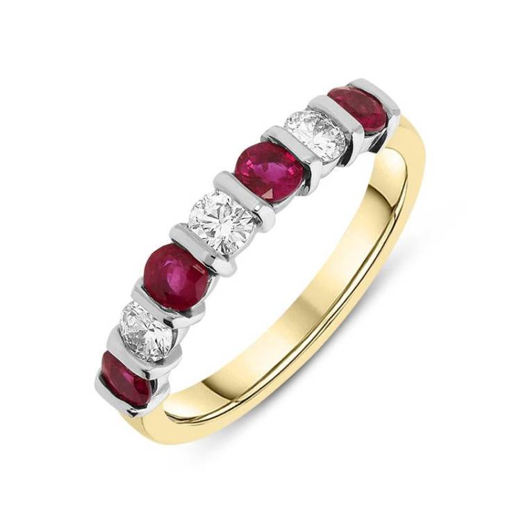 18ct Yellow & White Gold 0.33ct Ruby 0.66ct Diamond Bar Set Eternity Ring - White Gold