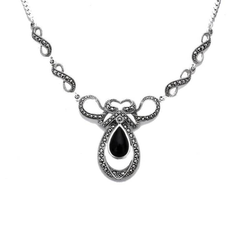 Sterling Silver Whitby Jet Marcasite Drop Bow Twist Necklace - Silver