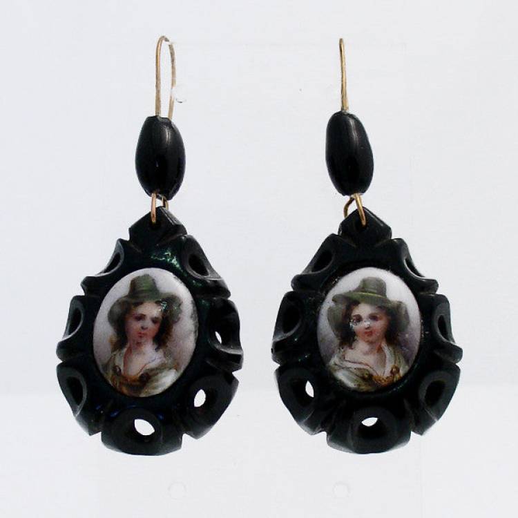 Whitby Jet Antique Carved Teardrop Coloured Cameo Drop Earrings