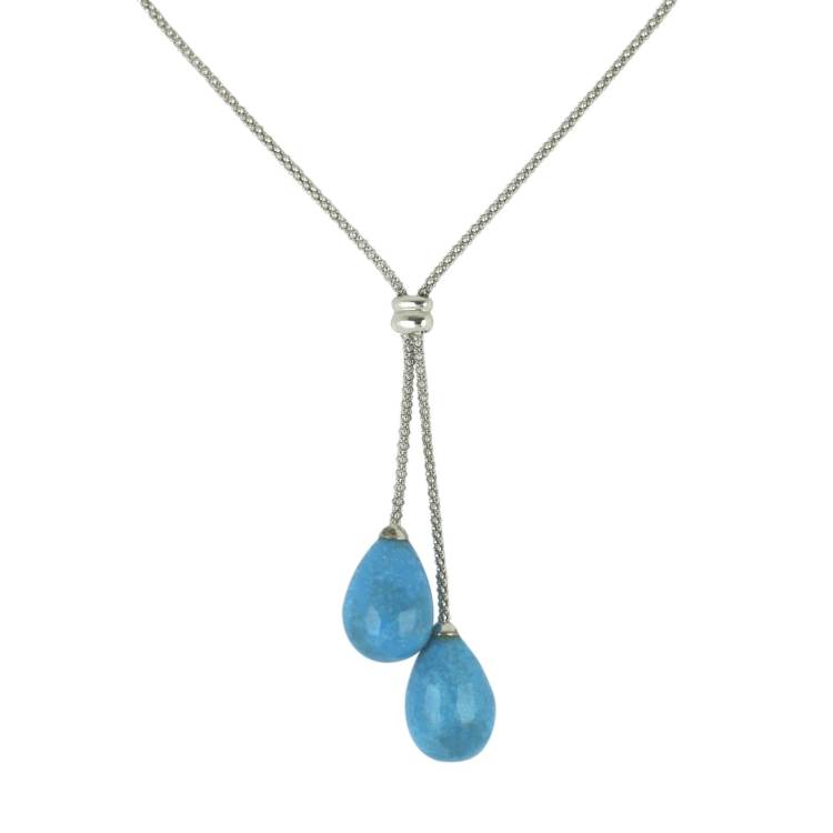 Sterling Silver Turquoise Two Drop Necklace - Silver