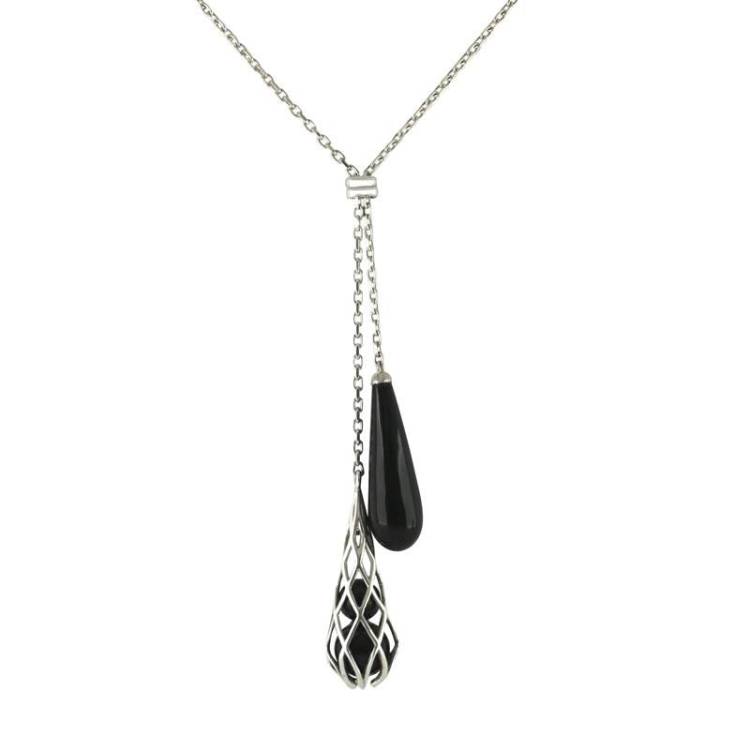 Sterling Silver Whitby Jet Double Drop Necklace - Silver