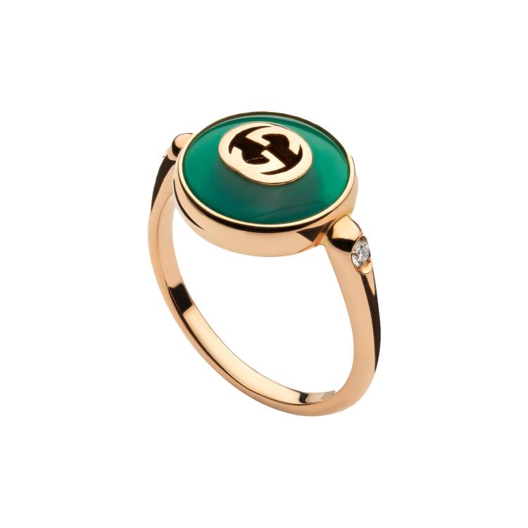 Gucci Interlocking 18ct Rose Gold Green Agate Ring - Q.5