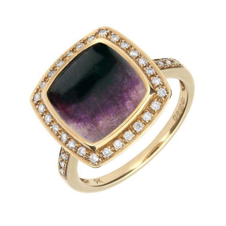 9ct Yellow Gold Blue John Diamond Single Square Cushion Ring - O