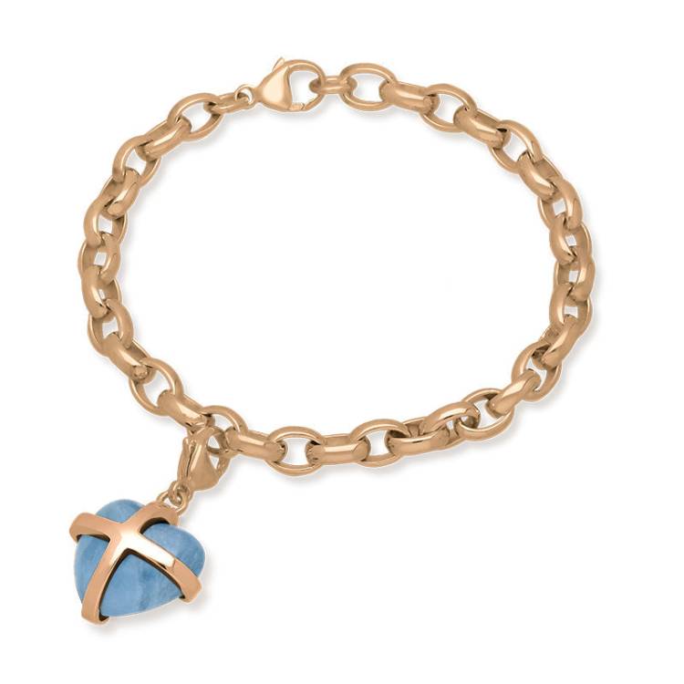 9ct Rose Gold Aquamarine Medium Cross Heart Charm Bracelet - Option1 Value Gold