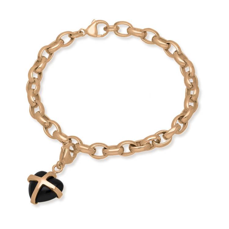 9ct Rose Gold Blue Goldstone Small Cross Heart Charm Bracelet - Option1 Value Gold