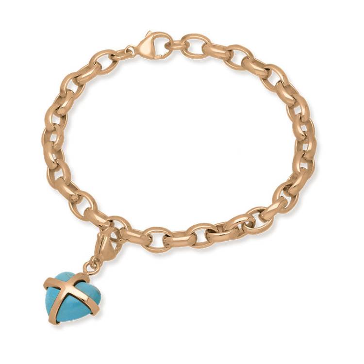 9ct Rose Gold Turquoise Small Cross Heart Charm Bracelet - Option1 Value Gold