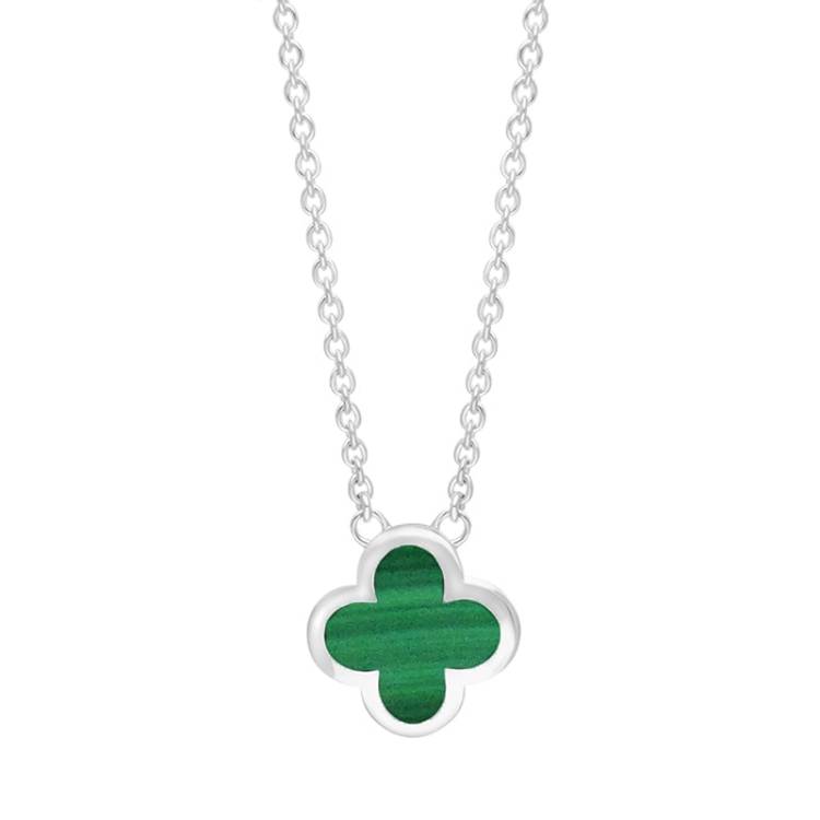 9ct White Gold Malachite Bloom Small Four Leaf Clover Polished Edge Pendant