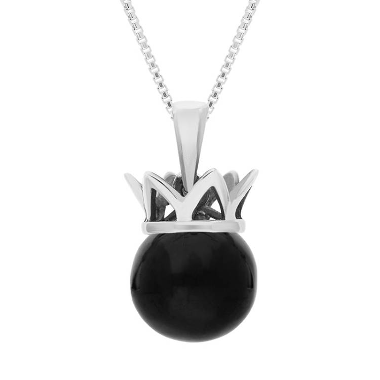 9ct White Gold Whitby Jet Royal Coronet 11mm Bead Pendant - White Gold