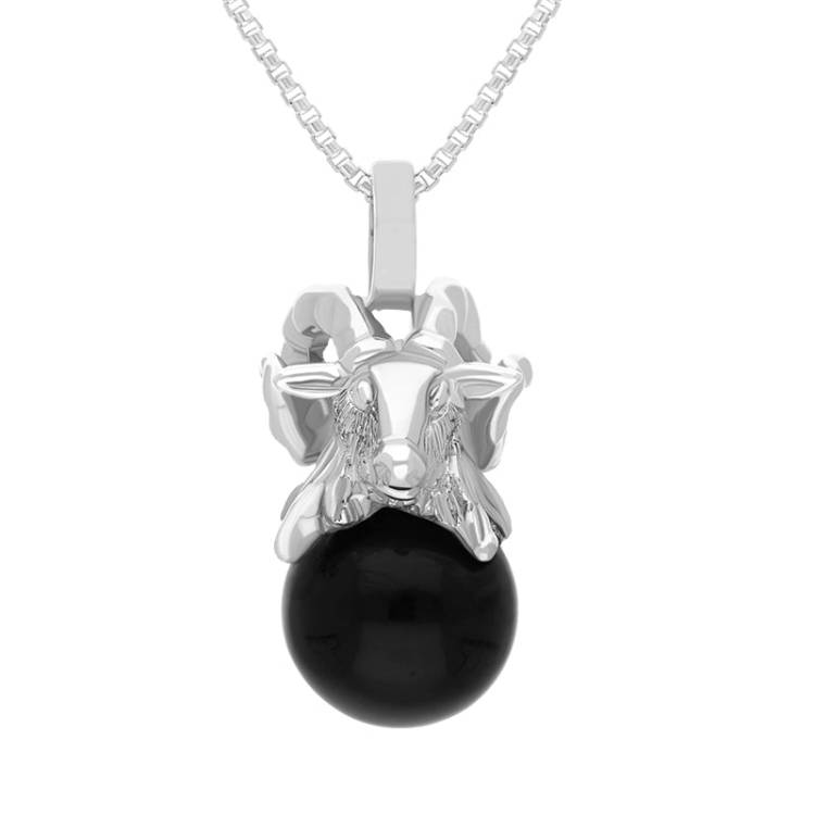 9ct White Gold Whitby Jet Zodiac Aries 8mm Bead Pendant - White Gold