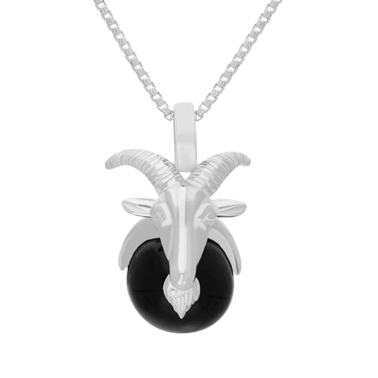 9ct White Gold Whitby Jet Zodiac Capricorn 9mm Bead Pendant - White Gold