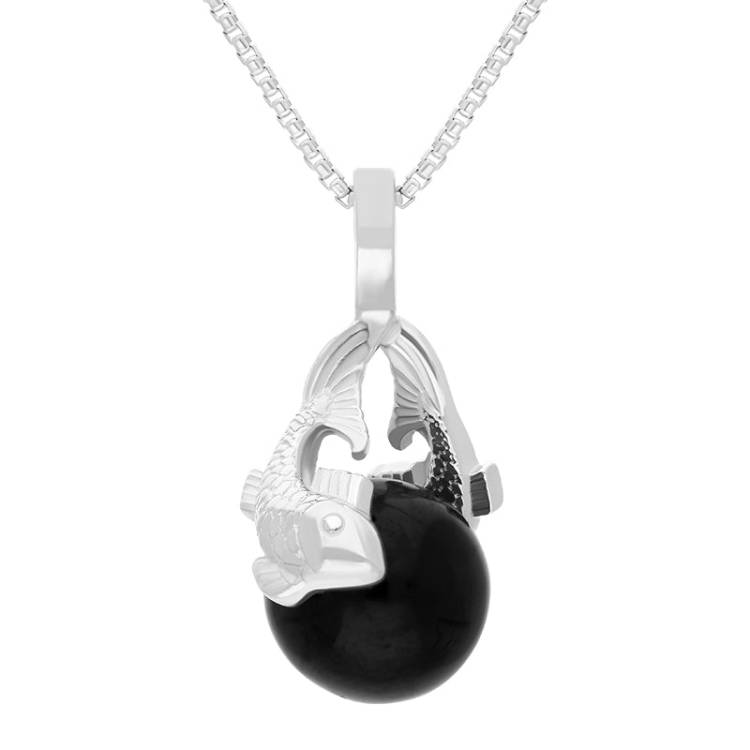 9ct White Gold Whitby Jet Zodiac Pisces 8mm Bead Pendant - White Gold