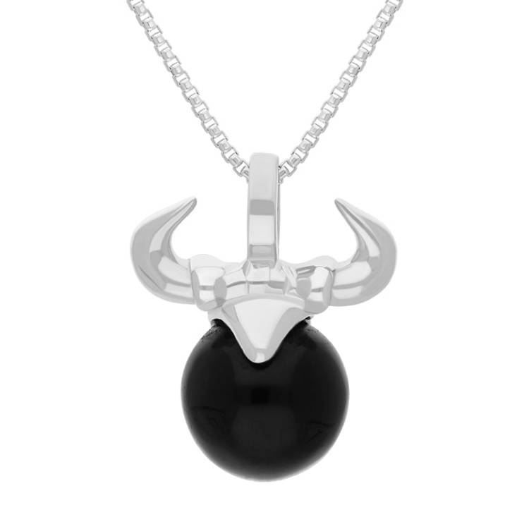 9ct White Gold Whitby Jet Zodiac Taurus 10mm Bead Pendant - White Gold