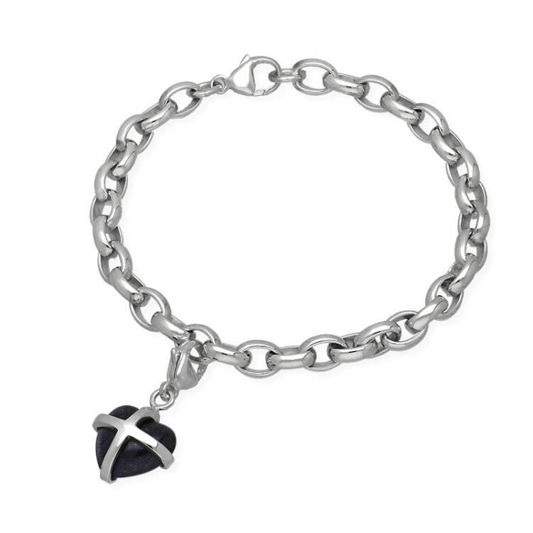 9ct White Gold Blue Goldstone Small Cross Heart Charm Bracelet - Option1 Value Gold