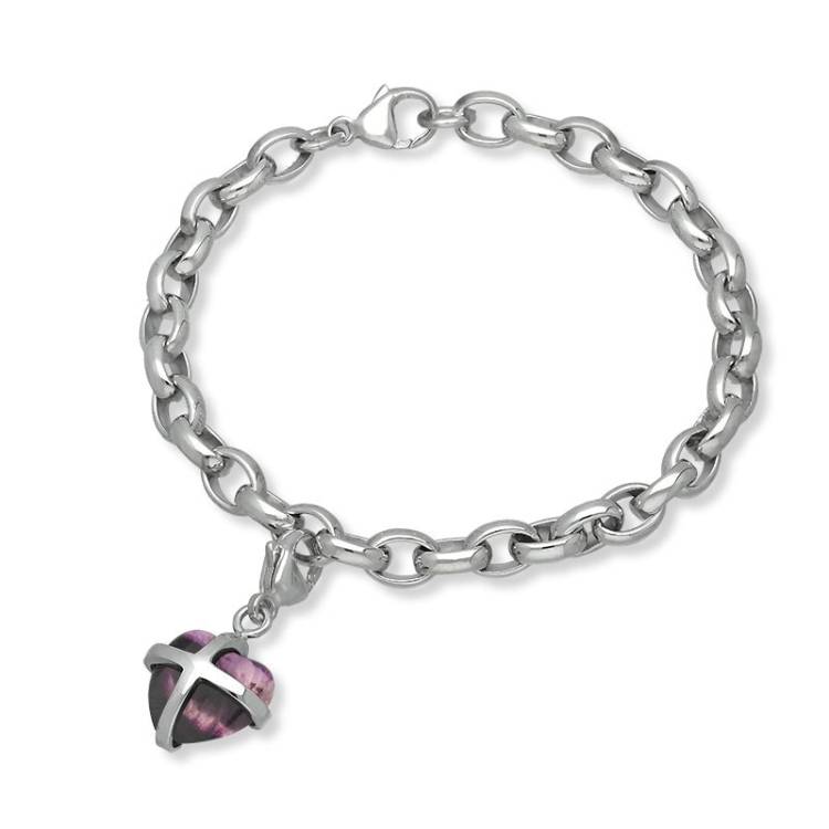 9ct White Gold Blue John Small Cross Heart Charm Bracelet - Option1 Value Gold