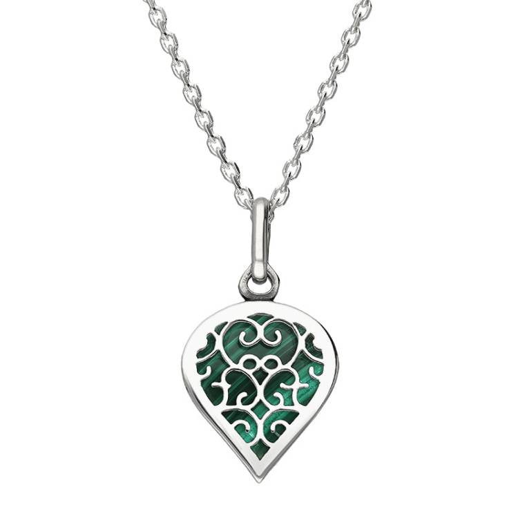 9ct White Gold Malachite Flore Filigree Small Heart Necklace