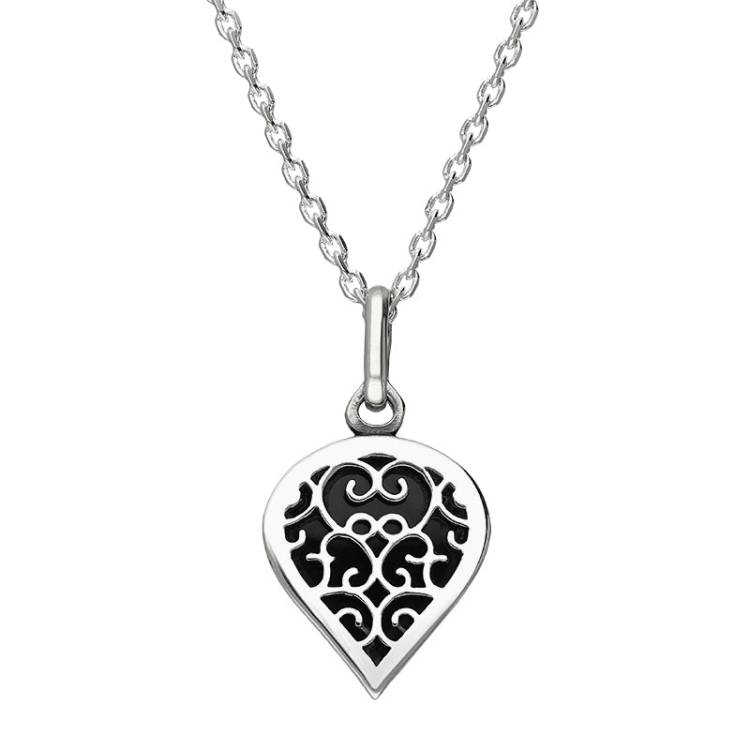 9ct White Gold Whitby Jet Flore Filigree Small Heart Necklace