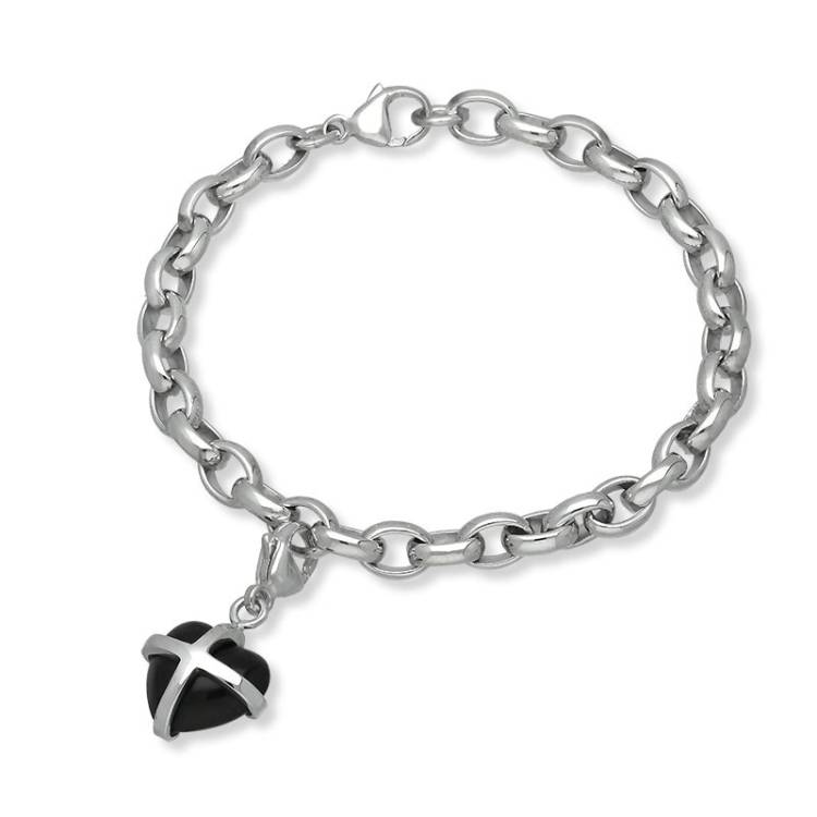 9ct White Gold Whitby Jet Small Cross Heart Charm Bracelet - Option1 Value Gold