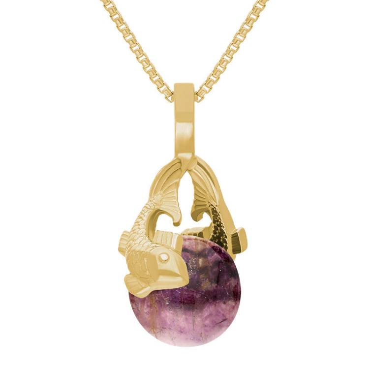 9ct Yellow Gold Blue John Zodiac Pisces 8mm Bead Pendant - Yellow Gold