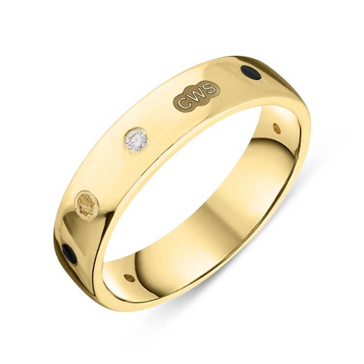 9ct Yellow Gold 0.08ct Diamond Whitby Jet King's Coronation Hallmark 5mm Ring - R