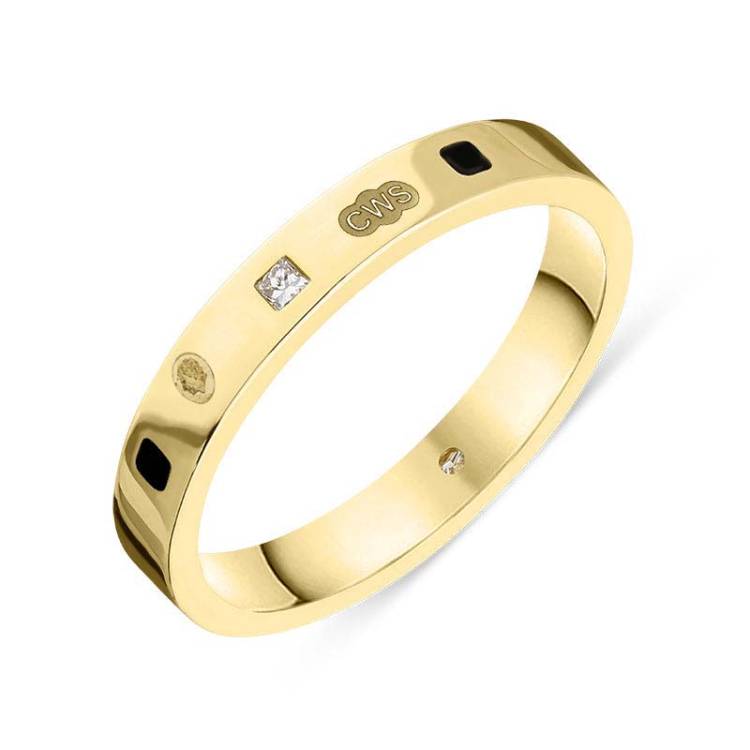 9ct Yellow Gold 0.05ct Diamond Whitby Jet King's Coronation Hallmark Princess Cut 3mm Ring - U