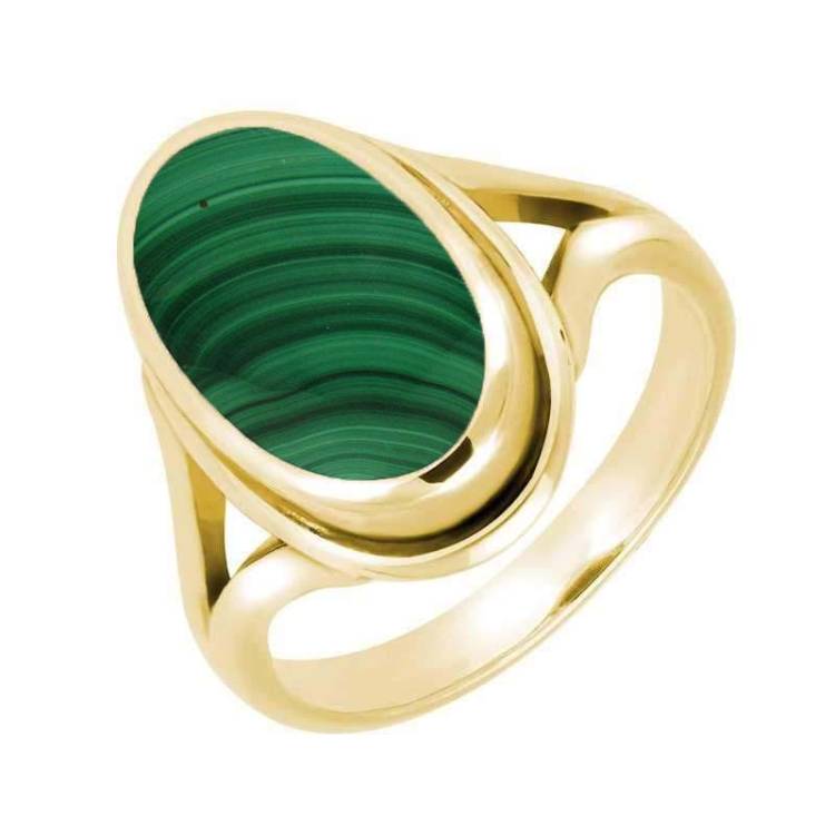 9ct Yellow Gold Malachite Oval Ridged Ring - Yellow Gold