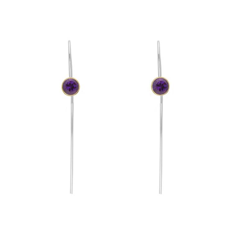 9ct Yellow Gold Sterling Silver Amethyst Stepping Stones 5mm Round Hook Earrings