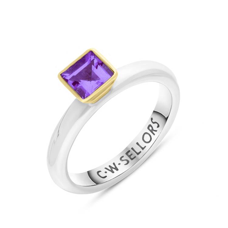 9ct Yellow Gold Sterling Silver Amethyst Stepping Stones 5mm Square Bezel Set Ring