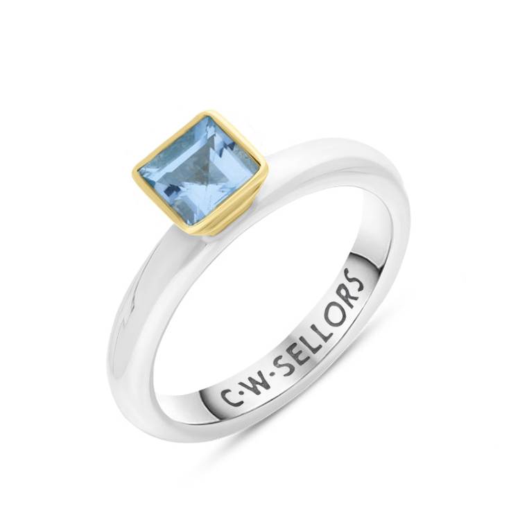 9ct Yellow Gold Sterling Silver Blue Topaz Stepping Stones 5mm Square Bezel Set Ring