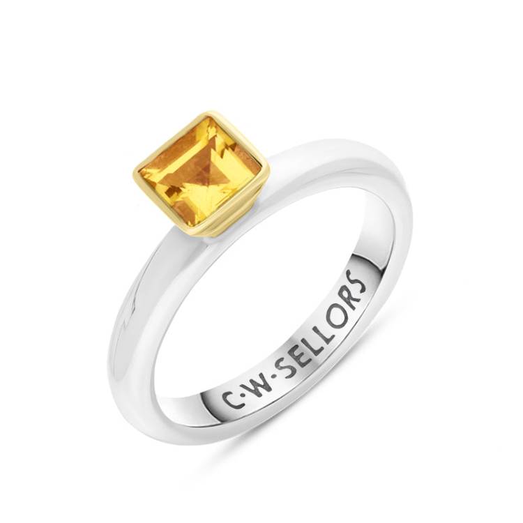 9ct Yellow Gold Sterling Silver Citrine Stepping Stones 5mm Square Bezel Set Ring