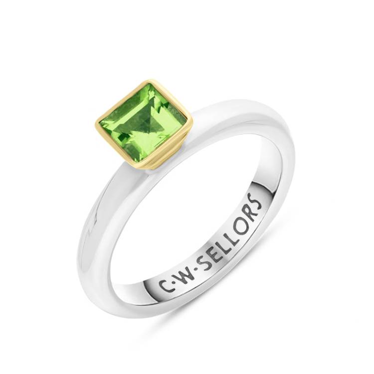 9ct Yellow Gold Sterling Silver Peridot Stepping Stones 5mm Square Bezel Set Ring