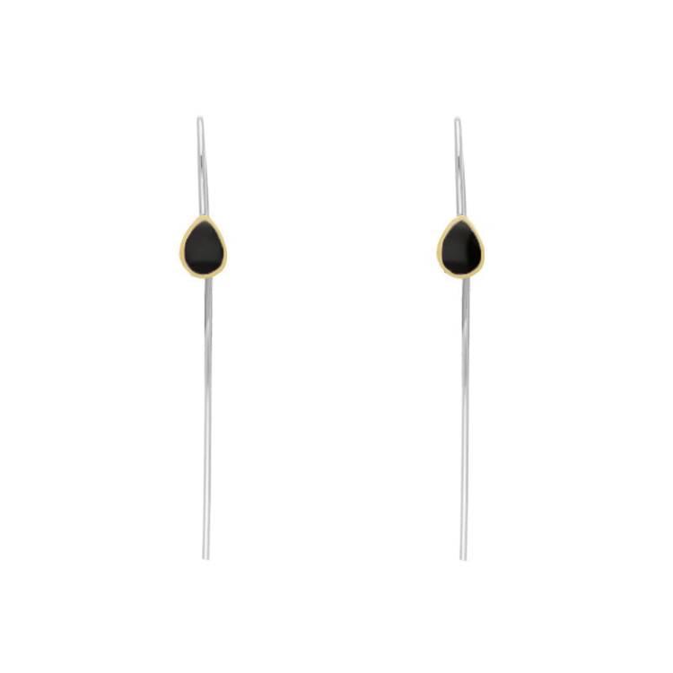 9ct Yellow Gold Sterling Silver Whitby Jet Stepping Stones 5x7mm Pear Drop Hook Earrings