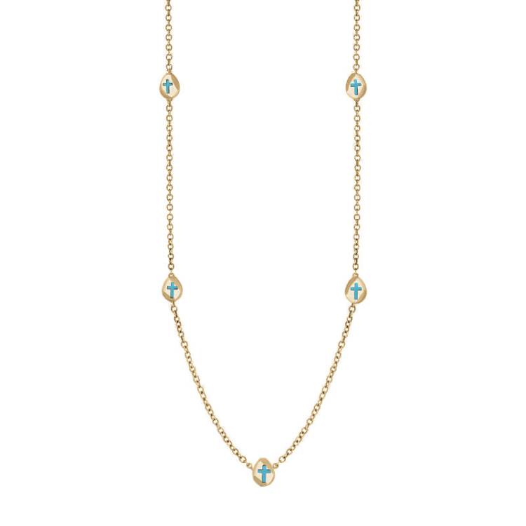 9ct Yellow Gold Turquoise Cross Link Disc Chain Necklace - Option1 Value Yellow Gold