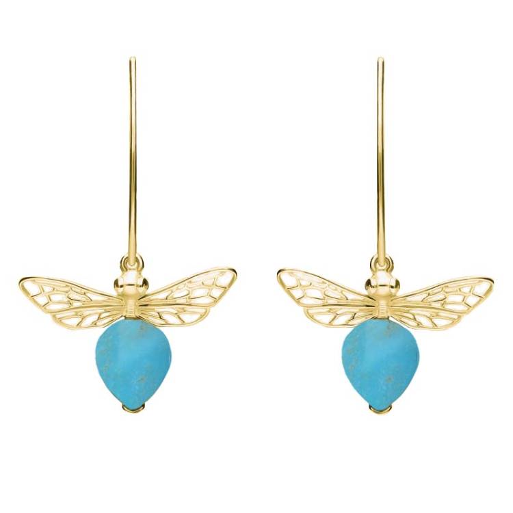 9ct Yellow Gold Turquoise Bee Small Hook Earrings - Gold