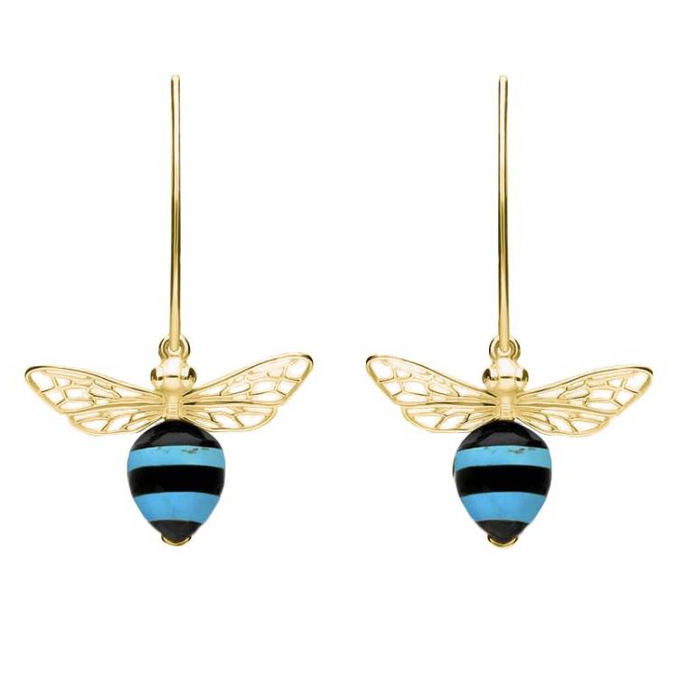 9ct Yellow Gold Turquoise Whitby Jet Bee Small Hook Earrings - Gold
