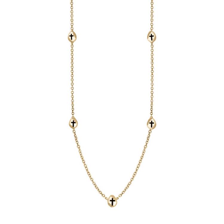9ct Yellow Gold Whitby Jet Cross Link Disc Chain Necklace - Option1 Value Yellow Gold