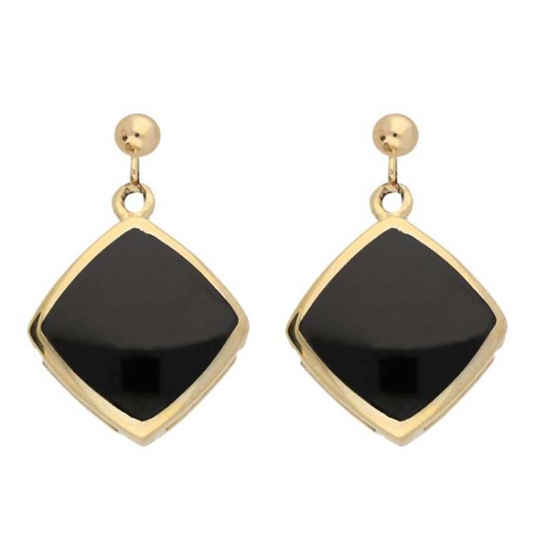 9ct Yellow Gold Whitby Jet Cushion Drop Earrings - Option1 Value Yellow Gold
