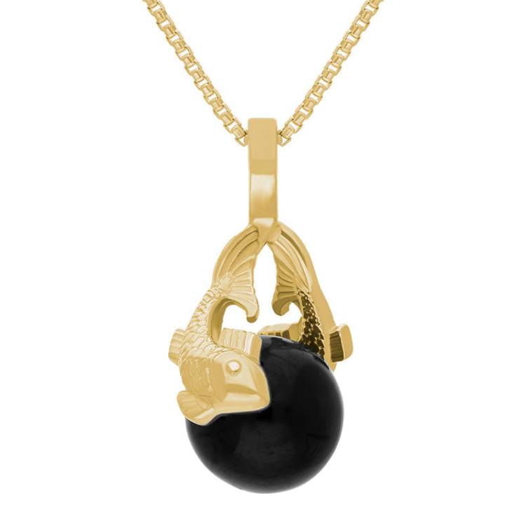 9ct Yellow Gold Whitby Jet Zodiac Pisces 8mm Bead Pendant - Yellow Gold