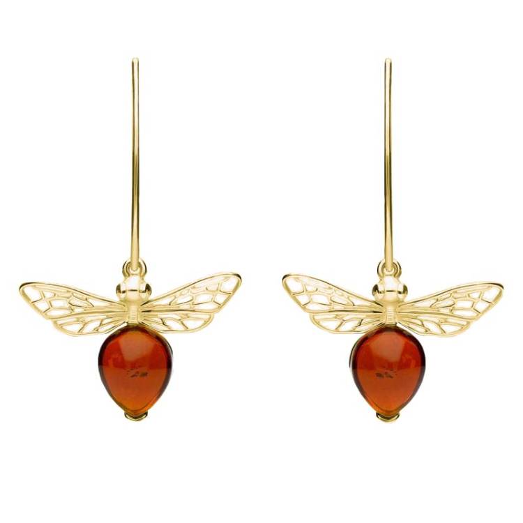 9ct Yellow Gold Amber Bee Small Hook Earrings - Gold