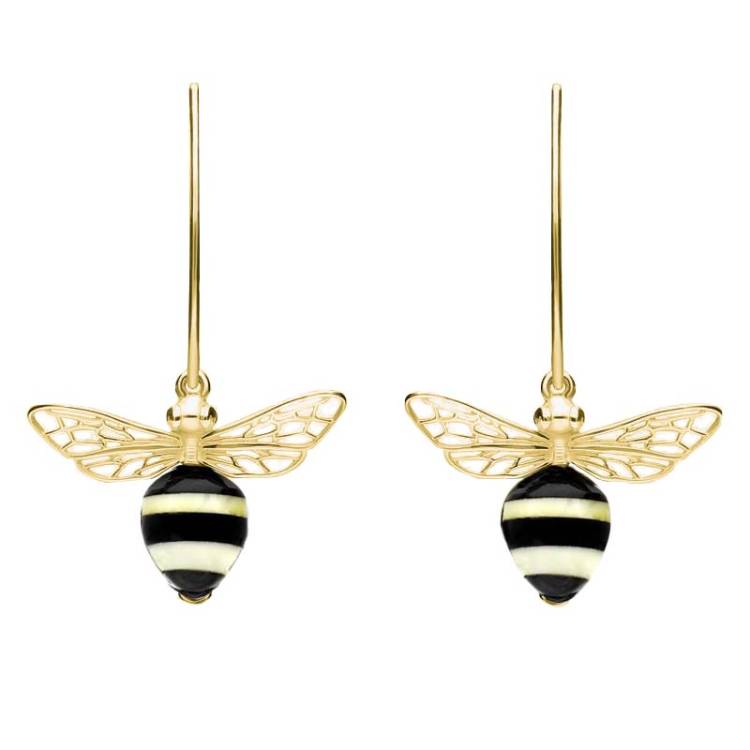 9ct Yellow Gold Amber Whitby Jet Bee Small Hook Earrings - Gold