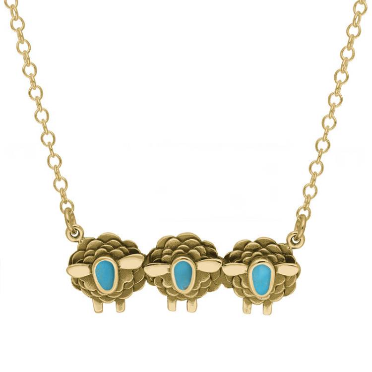 9ct Yellow Gold Turquoise Three Sheep Necklace - Gold