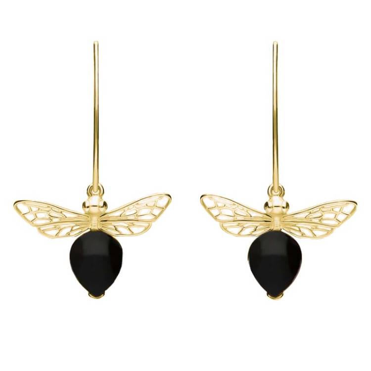 9ct Yellow Gold Whitby Jet Bee Small Hook Earrings - Gold