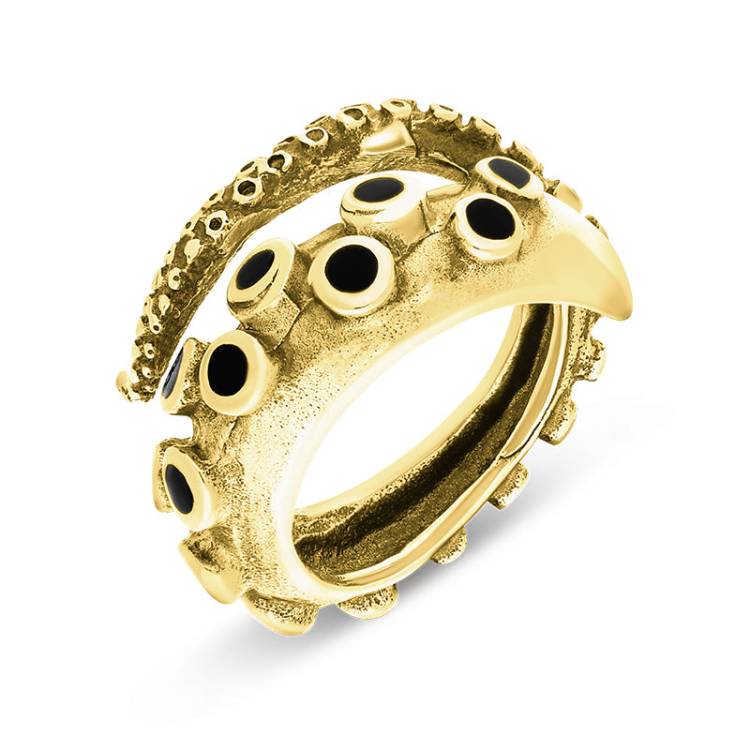 9ct Yellow Gold Whitby Jet Tentacle Ring - Silver