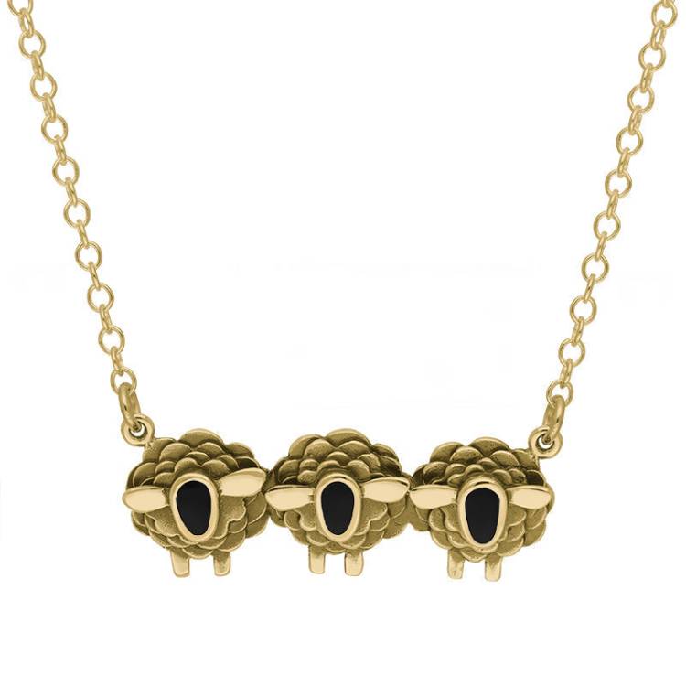 9ct Yellow Gold Whitby Jet Three Sheep Necklace - Gold