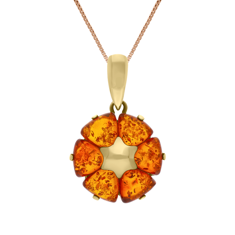 9ct Yellow Gold Amber Flower Pendant Necklace D - Gold